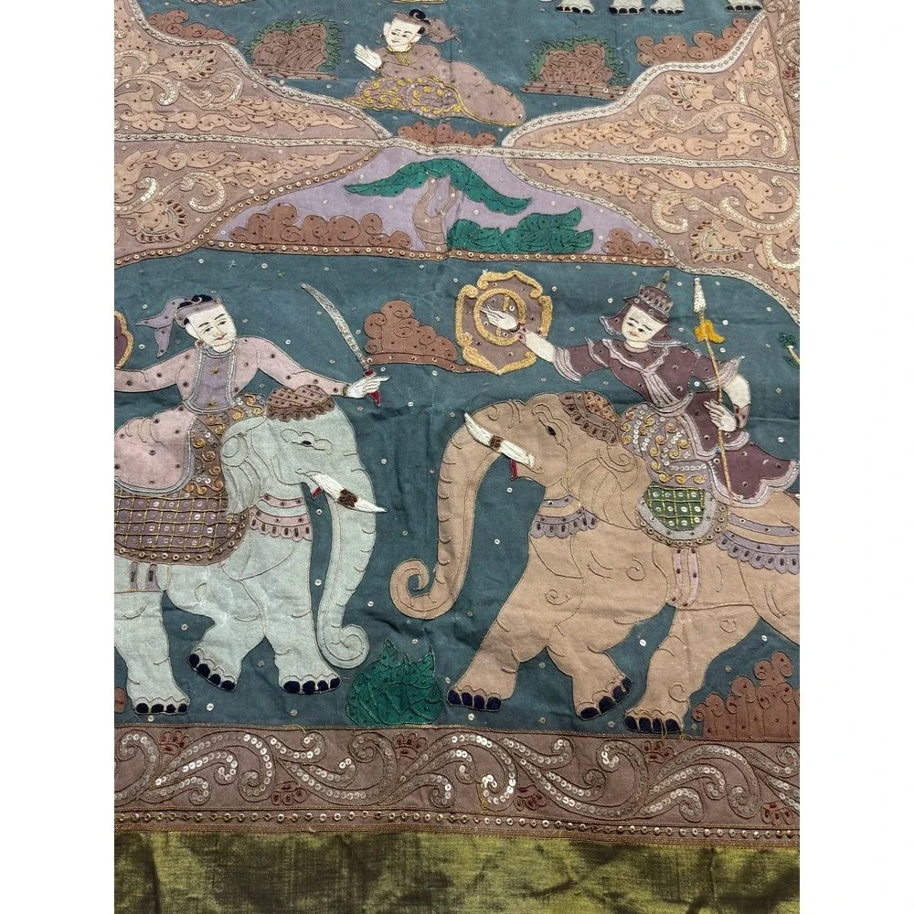 Vintage Thai Kalaga Tapestry Wall Hanging Elephant Applique Sequined Large